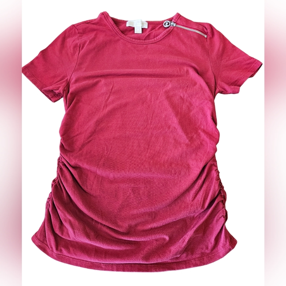 Michael MICHAEL KORS Red Scrunch Side Womens Tee Silver MK Hardware Size M